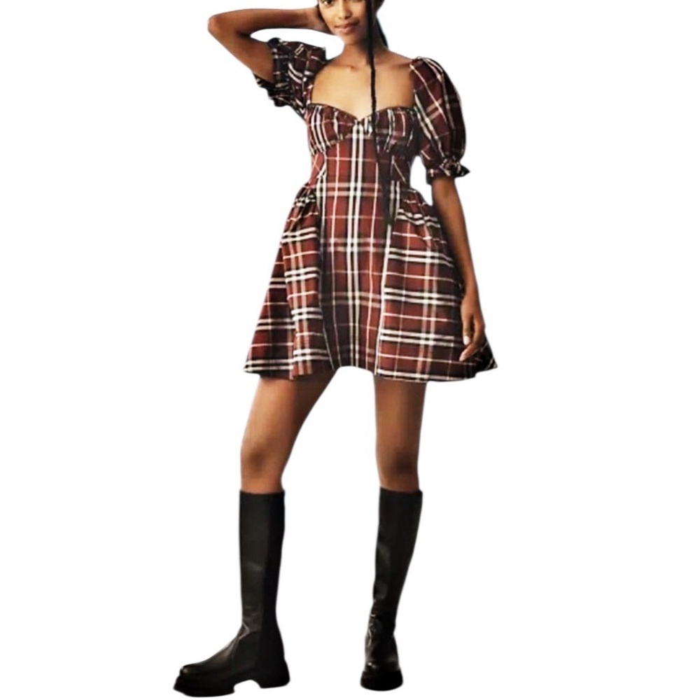 New Anthropologie Maeve Maroon Plaid Tartan Buffalo Holiday Winter‎ Dress XXS